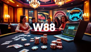 Cảnh sòng bạc động với W88, chip poker, bài chơi và bánh xe roulette, gợi lên sự phấn khích.