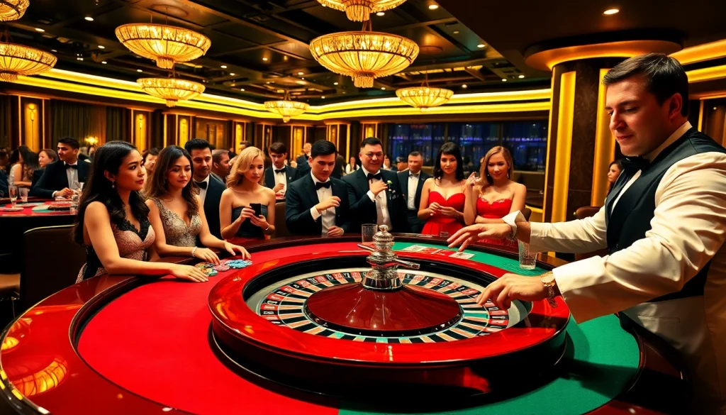 A lively casino scene with players at a roulette table, illustrating the thrill of "Nếu như vậy bám vào đây".