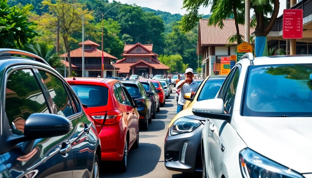 Car rental in Kuching Sarawak, showcasing vibrant rental cars along a scenic street.