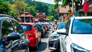 Car rental in Kuching Sarawak, showcasing vibrant rental cars along a scenic street.