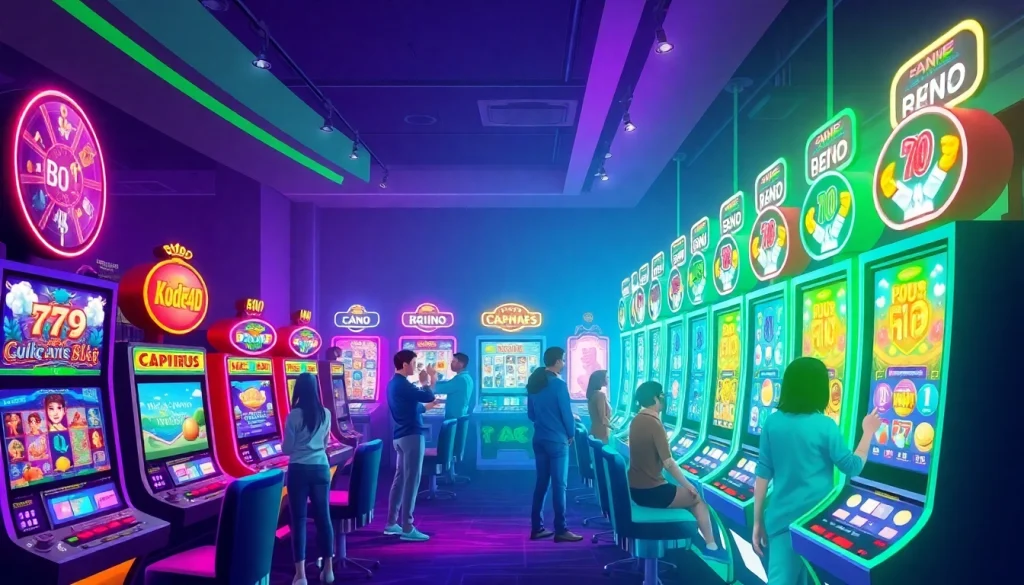 Dynamic scene of players enjoying Kode4d online slot games in a vibrant virtual environment.