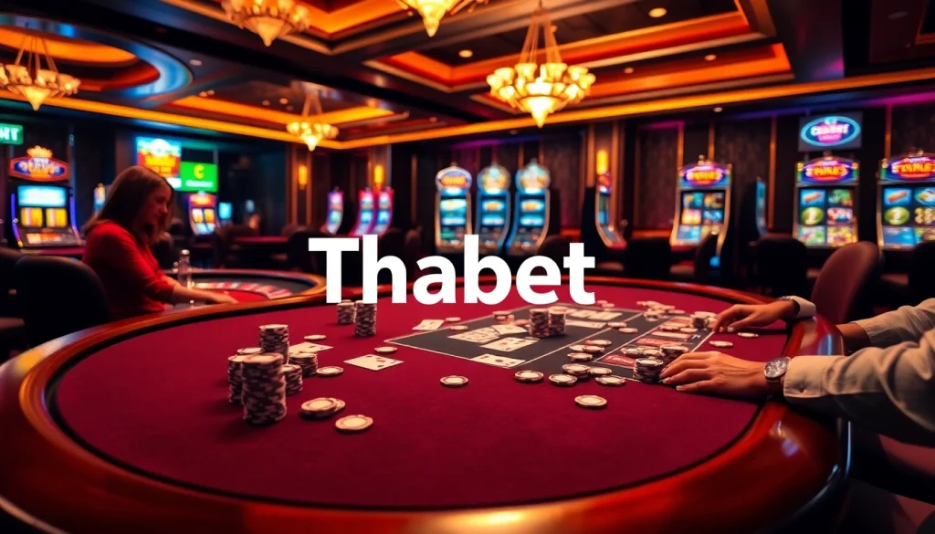 Players strategically placing bets at Thabet's luxurious poker table in a lively casino atmosphere.