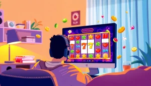 Mengunjungi slot depo 5000 dengan pemain yang antusias berinteraksi di layar komputer.