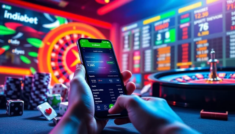 Experience seamless betting with the Indibet app download interface on a smartphone surrounded by casino elements.