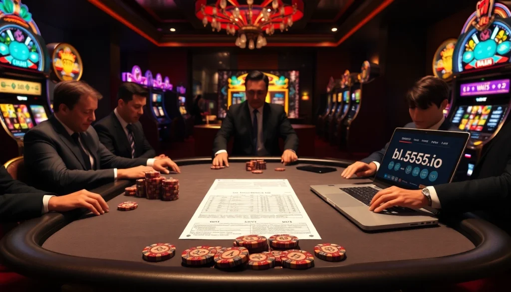 A high-stakes poker scene capturing the excitement of gamblers engaging with bl-555.io, featuring vibrant casino elements.