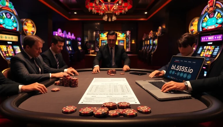 A high-stakes poker scene capturing the excitement of gamblers engaging with bl-555.io, featuring vibrant casino elements.