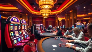 Experience the thrill of toto slot machines in a luxurious casino atmosphere with engaged players.