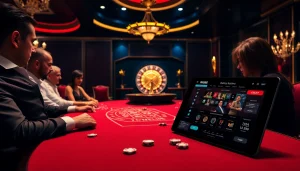 Engage with thrilling gambling at https://rr88.wales/ featuring a vibrant casino scene with players enjoying blackjack.