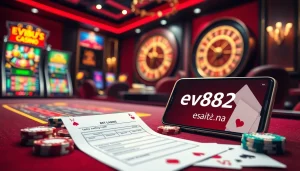 Experience the excitement of betting on https://ev882.sa.com/ with a luxurious casino setting featuring vibrant tables and slot machines.