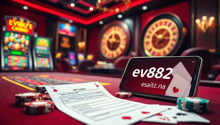 Experience the excitement of betting on https://ev882.sa.com/ with a luxurious casino setting featuring vibrant tables and slot machines.