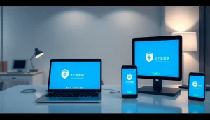 快连官网 interface displayed on devices in a professional workspace illustrating secure, fast internet access.