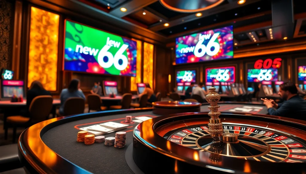 Engage in thrilling gameplay at new 66's exciting casino table with poker chips and roulette wheel.