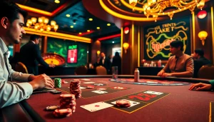 Exciting gaming scene at i9bet casino with vibrant poker chips and cards.