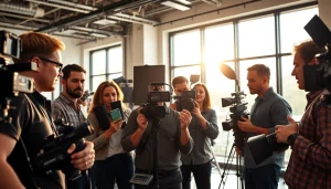 Capture the essence of a Creative Video Production Agency with a dynamic team in action.