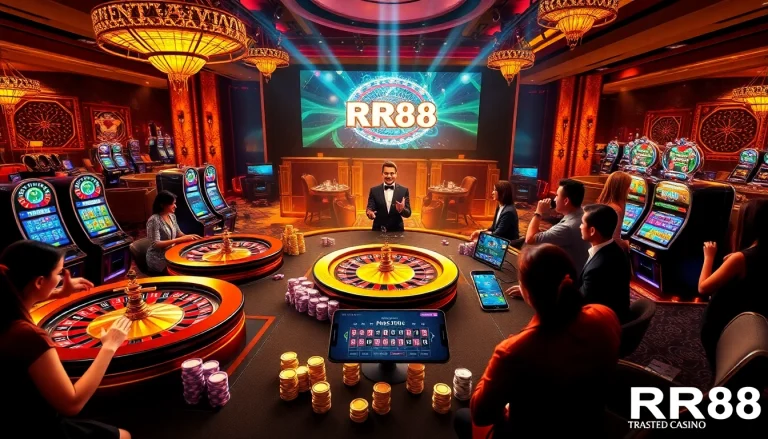 Experience the thrilling casino vibe at RR88 with vibrant gaming tables and live action.