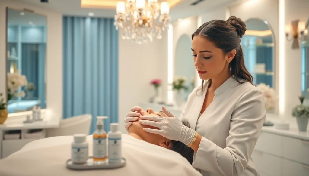 Esthetician Marketing Ideas showcasing a professional esthetician performing a beauty treatment in a chic salon setting