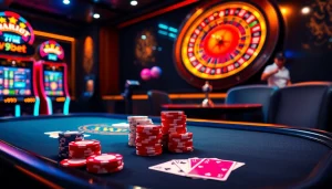 V9bet online casino scene with an illuminated poker table, colorful slots, and roulette wheel.