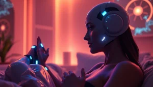 Engaging with an AI companion in a futuristic intimate setting, showcasing the theme of ai sex.