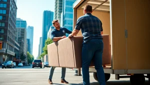 Vancouver moving company professionals safely relocating furniture in a busy urban setting.