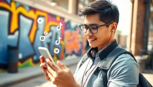 Boosting engagement with a tiktok smm panel while using a smartphone in a vibrant urban environment.