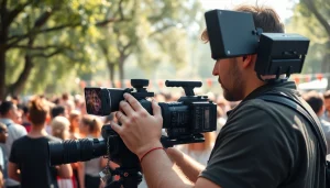 Videographer adjusting camera settings during an outdoor event, showcasing professional videography.