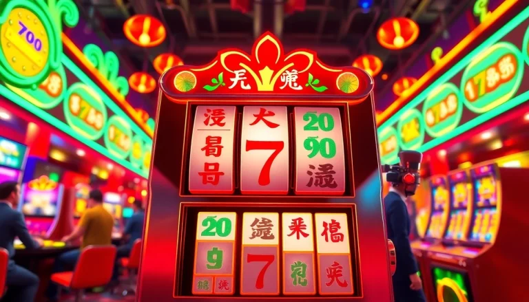 Permainan mahjong slot yang penuh warna dengan mesin slot yang berputar di kasino