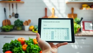 Calculate your macros with an engaging macro calculator interface amidst fresh fruits in a bright kitchen.