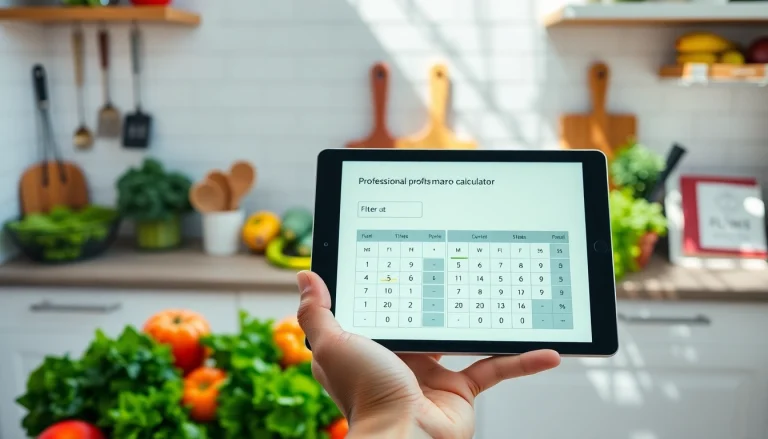 Calculate your macros with an engaging macro calculator interface amidst fresh fruits in a bright kitchen.