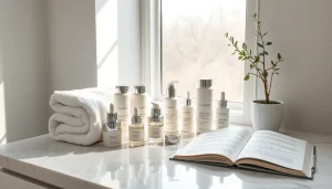 Anti-age hudvård-produkter visas elegant i en lugn hudvårdsmiljö.