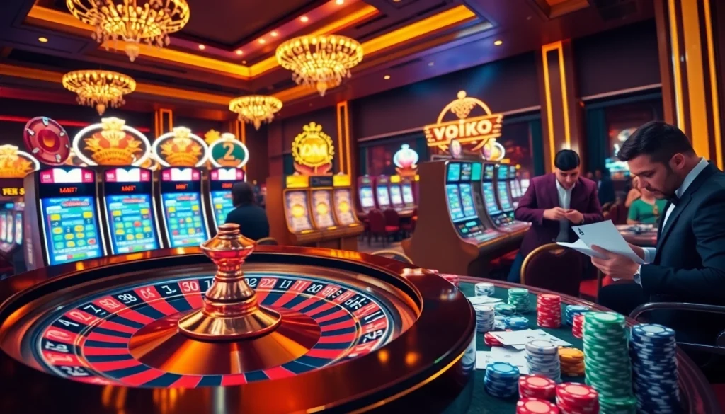 Exciting online gaming experience at vn88 with vibrant tables, cards, and roulette wheels.