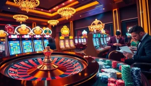 Exciting online gaming experience at vn88 with vibrant tables, cards, and roulette wheels.