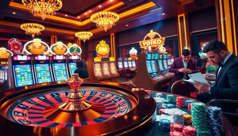Exciting online gaming experience at vn88 with vibrant tables, cards, and roulette wheels.