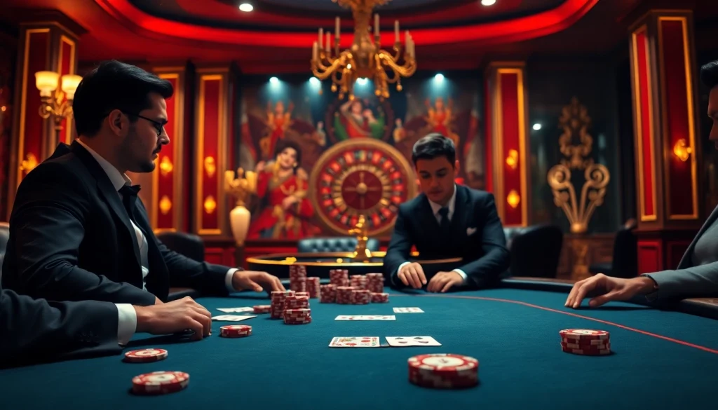 Engage in high-stakes poker at vn88 with vibrant chips and cards in an elegant casino setting.