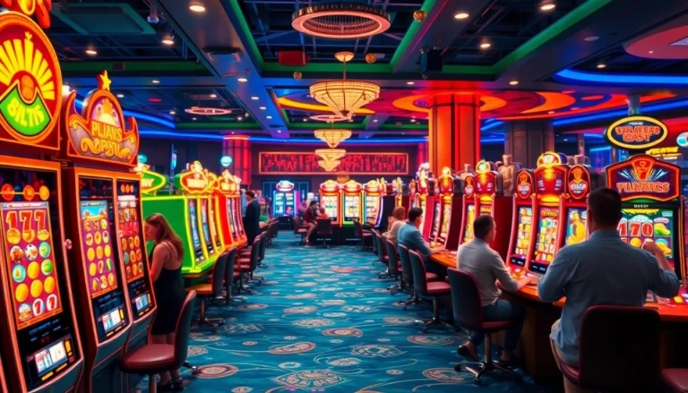 Slots machines gleaming with winnings in a luxurious casino setting, showcasing vibrant gameplay and excitement.