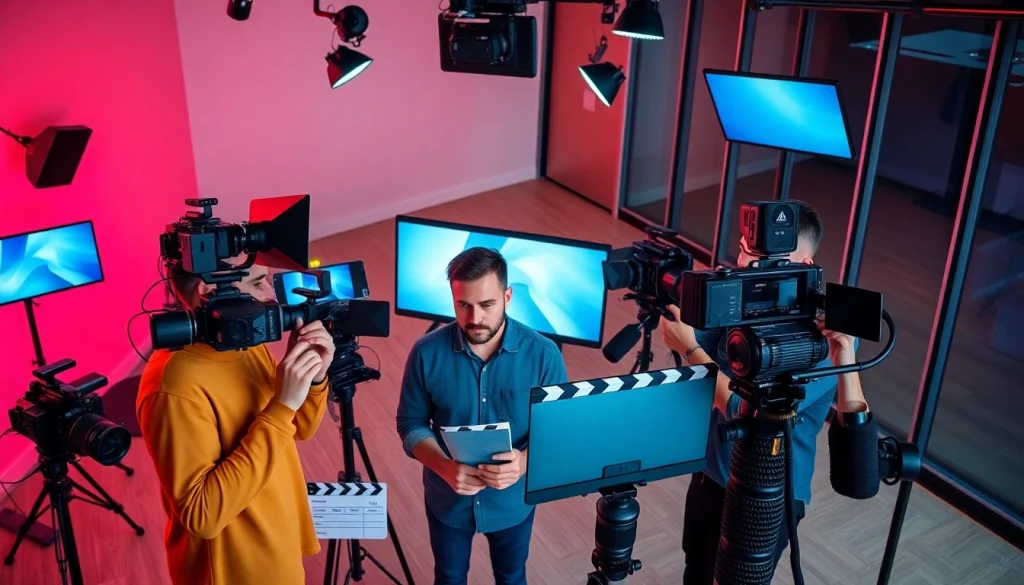 Engaged team of a Creative Video Production Agency working collaboratively in a vibrant studio.