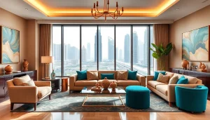 Showcasing luxury interior design dubai in a modern apartment with stunning skyline views.