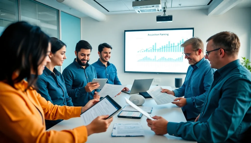 Engage in strategic Acquisition Planning with a team in a modern office environment.