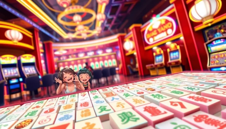 Bermain slot mahjong dengan karakter ceria di latar belakang kasino yang hidup.