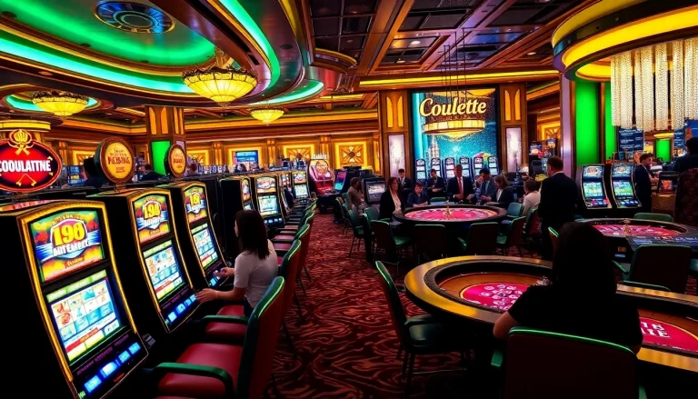 Situs Slot Terpercaya with players engaging at vibrant slot machines, showcasing excitement and professional casino atmosphere.