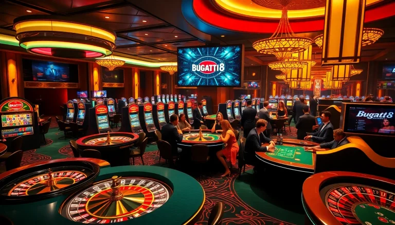 Experience the thrill of Bugatti8 with vibrant casino action, featuring roulette wheels and excited players.