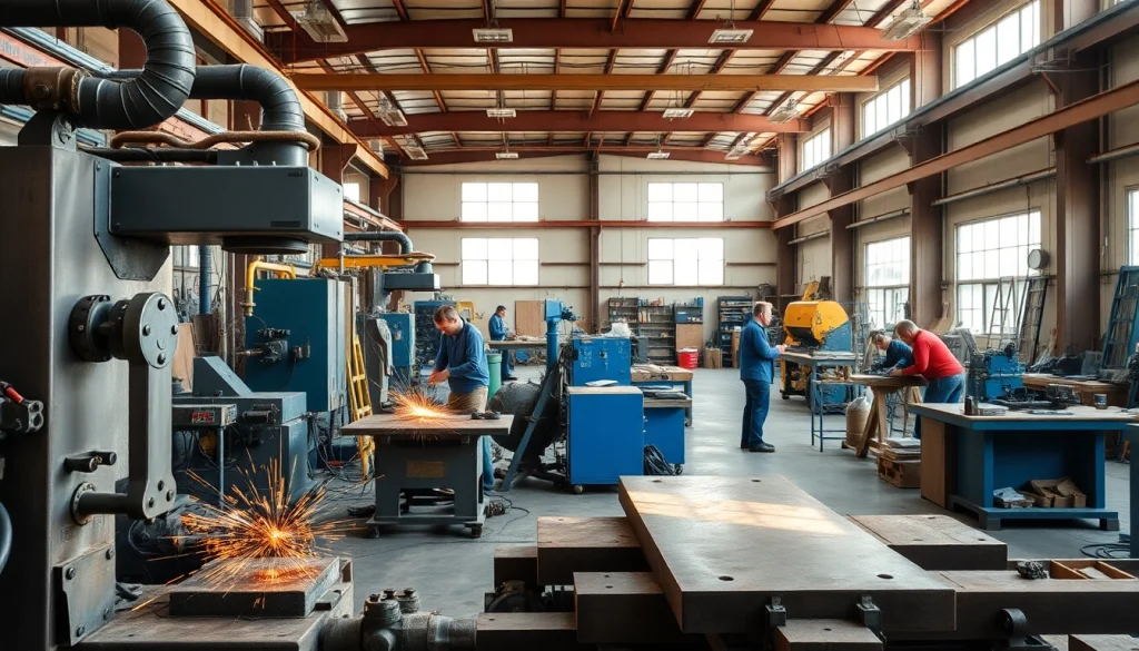 Showcasing custom steel fabrication with craftsmen at work, highlighting precision and modern machinery.