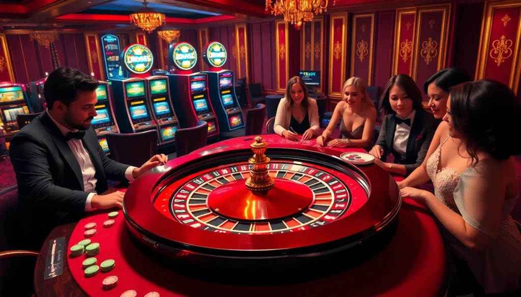 Exciting casino scene with s88vip players at roulette and poker tables.
