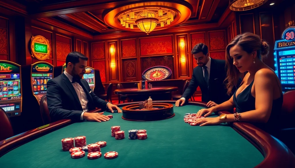 Players enjoying high-stakes poker at shbet com, featuring vibrant chips and elegant ambiance.