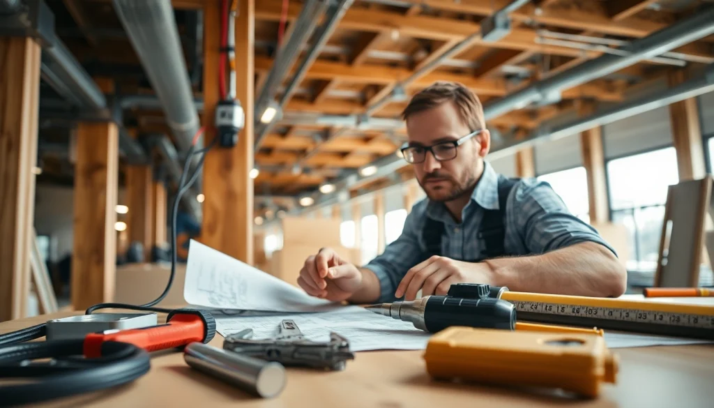 Engaging electrician apprenticeship hawaii with an electrician in action, showcasing tools and blueprints.
