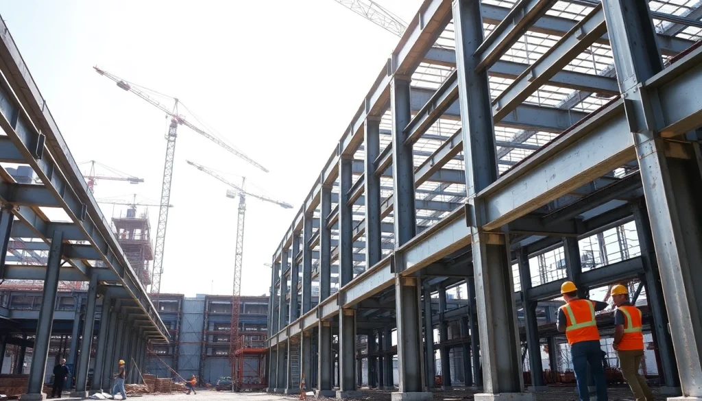 Workers assembling structural steel construction beams on a bright industrial site.