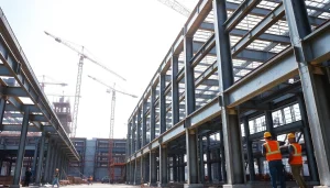 Workers assembling structural steel construction beams on a bright industrial site.