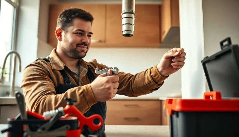 Plumber from https://speedyservicestoday.com.au repairing a kitchen leak with modern tools amidst a bright clean environment.