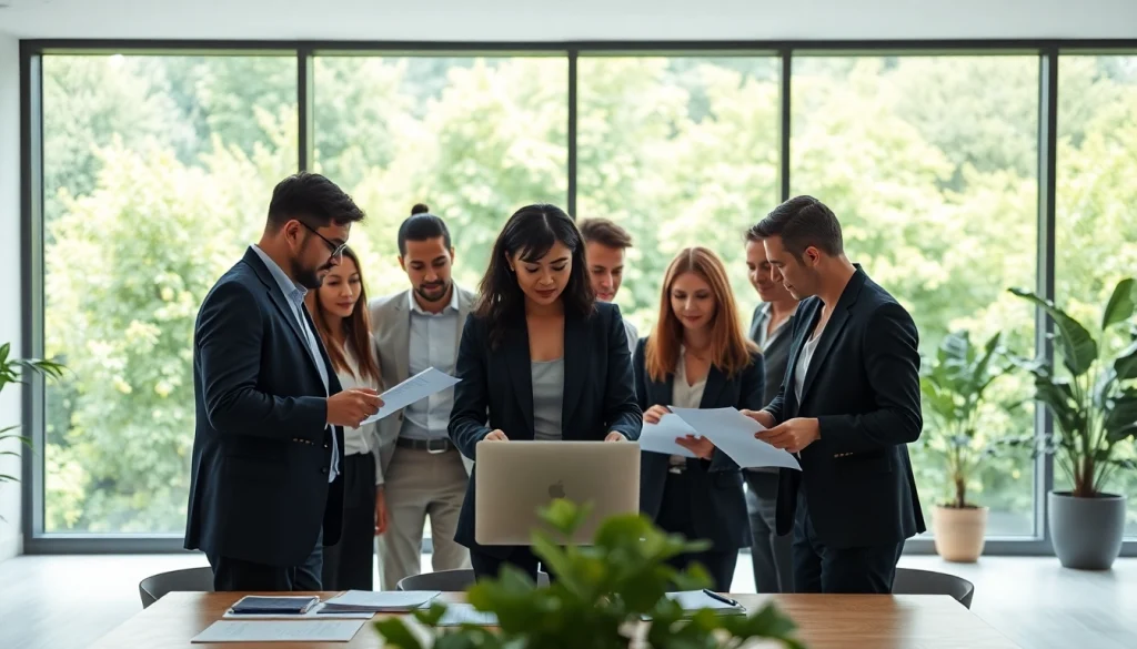 Engaged environmental law firm team collaborating in a bright office with green views.