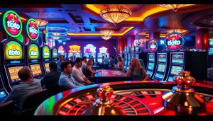 Adegan kasino yang memukau menampilkan pemain menikmati mesin slot Toto dengan lampu berwarna-warni dan kegembiraan.