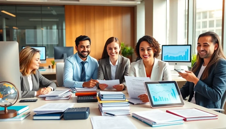 Corporate Tax Return Filing by a team of financial experts in a modern office.